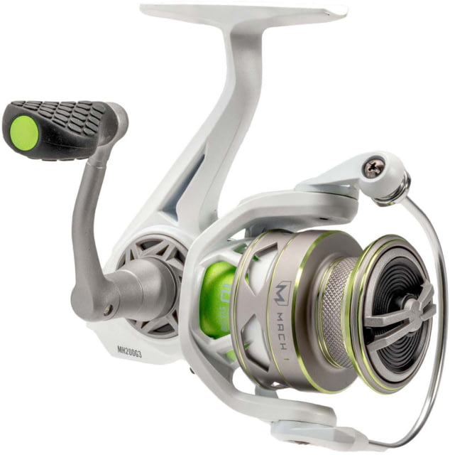 Lew's MACH 1 Spinning Reel SZ 200 Reel 9+1 Bearings 6.2-1 Ratio Graphite Frame Speed Gears Speed Lube Multi-Disc Drag Metallic White/Gray/Green Clam