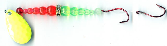 Mack's Lure Double Whammy Ringmaster Spinner Rig 2 Number 4 Hooks 48in Leader Chartreuse Blade/Flo Orange/Flo Chartreuse Bead