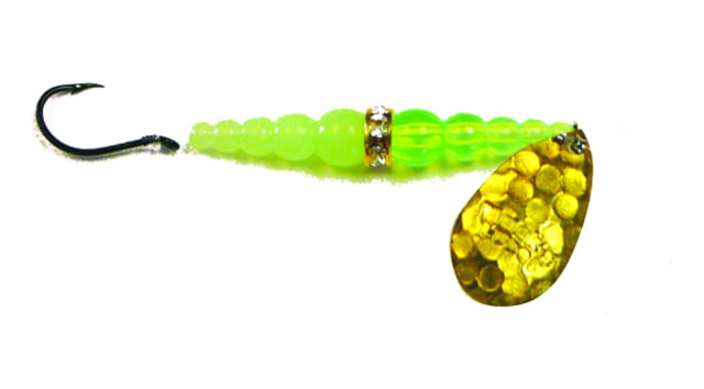 Mack's Lure Wedding Ring Classic Original Spinner Number 6 Hook 48in Leader Hammered Brass Blade/Flo Chartreuse Bead