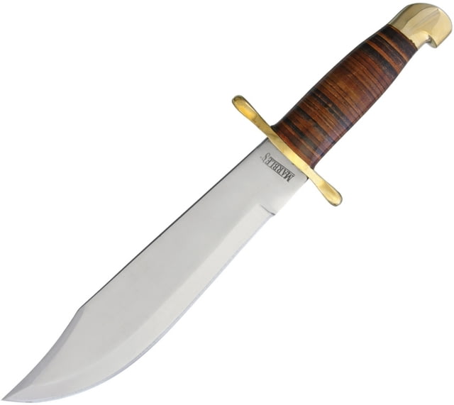 Marbles Bowie Stacked Leather Knife 16.25in Overall 10.5in Satin SS Clip Point Blade Stacked Leather Handle Brass Guard Brown Leather Sheath MR555/