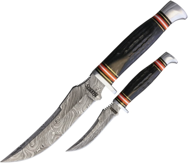 Marbles Combo Knife Damascus Steel Blade Jigged Horn Handle 10.25in Overall Fixed w/ 5in Blade And 6.25in Overall Fixed w/ 3in Blade Brown Leather