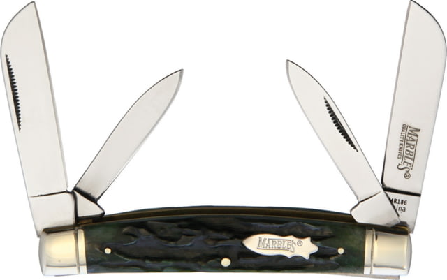 Marbles Congress Green Stag Bone Folding Knife Mirror finish stainless dual sheepsfoot and dual p Green stag bone handle KB402 GREEN STAG BONE