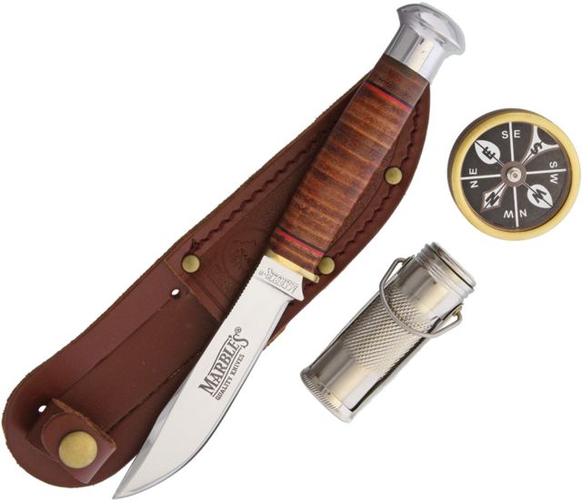 Marbles Fixed Blade Knife Gift Set4inStainless Steel Mirror Polish BladeStacked Leather Handle KE13 +COMPASS+MATCH SAFE