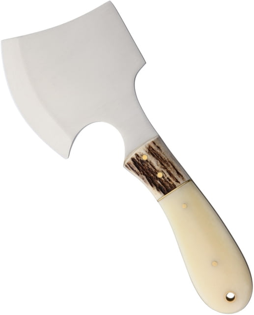 Marbles Hatchet Smooth Bone Handle 8in Overall 3in Cutting Edge White Smooth Bone Handle Stag Bone Guard Brown Leather Sheath White SO- MR826