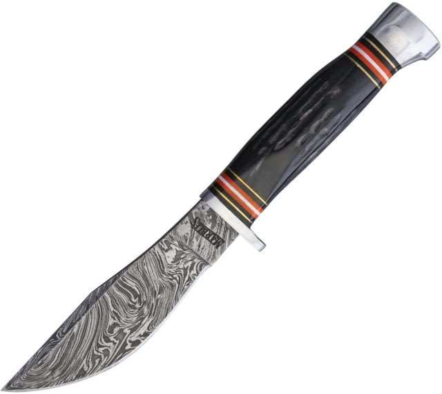 Marbles Horn Damascus Knife 9in Overall 4.5in Damascus Steel Blade Jigged Horn Handle Brown Leather Sheath MR460 / EG-741