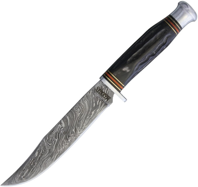 Marbles Hunter Knife 10.25in Overall 5.75in Damascus Steel Clip Point Blade Jigged Horn Handle Aluminum Guard Brown Leather Sheath MR449 / EG-713D