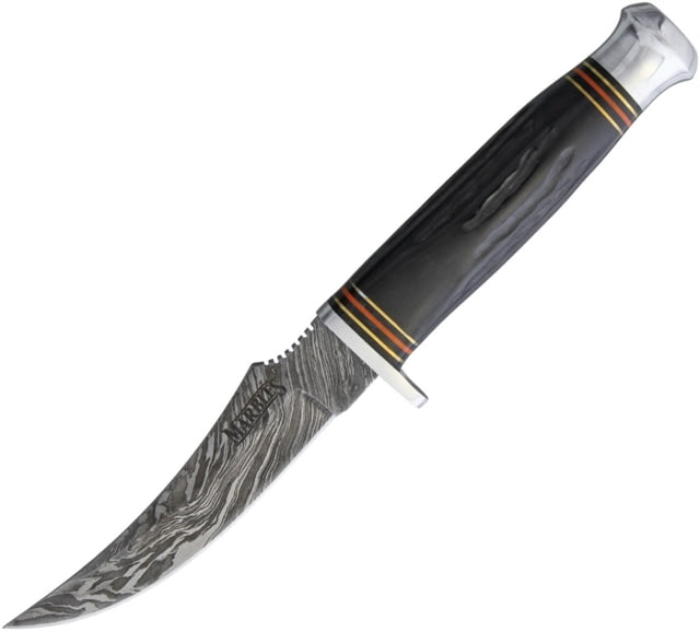 Marbles Hunter Knife 9in Overall 4.5in Damascus Steel Upswept Skinner Blade Jigged Horn Handle Aluminum Guard Brown Leather Sheath MR451/ EG-711D