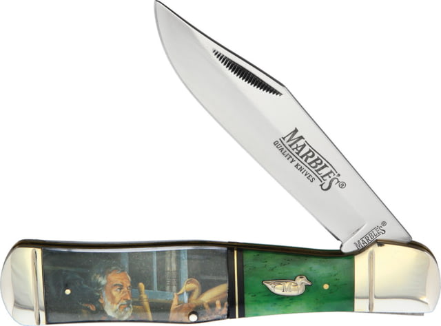 Marbles Mallard Decoy Folder Folding Knife 4.13" mirror finish stainless clip point blade Green smooth bone handle with duck decoy artwork u MR583