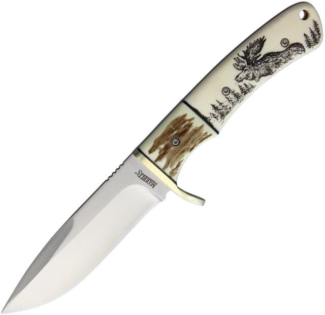 Marbles Scrimshaw Fixed Blade Knife 7.25in Overall 3.25in Satin SS Blade Brass Guard White Smooth And Stag Bone Handle With Scrimshawed Moose Artwork