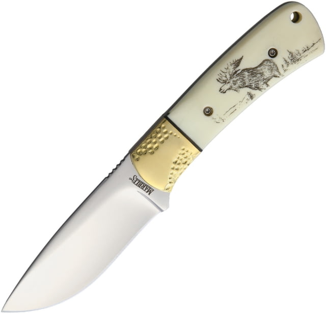 Marbles Scrimshaw Fixed Blade Knife 7.25in Overall 3.25in Satin SS Blade White Smooth Bone Handle Brass Guard Scrimshawed Moose Artwork On Handle