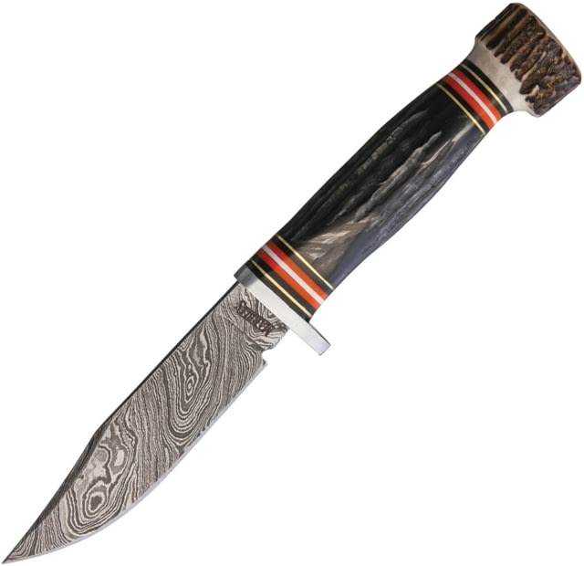Marbles Skinner Knife 8.63in Overall 4in Damascus Steel Skinner Blade Jigged Horn Handle SS Guard And Stag Pommel Brown Leather Sheath MR463 / EG-753