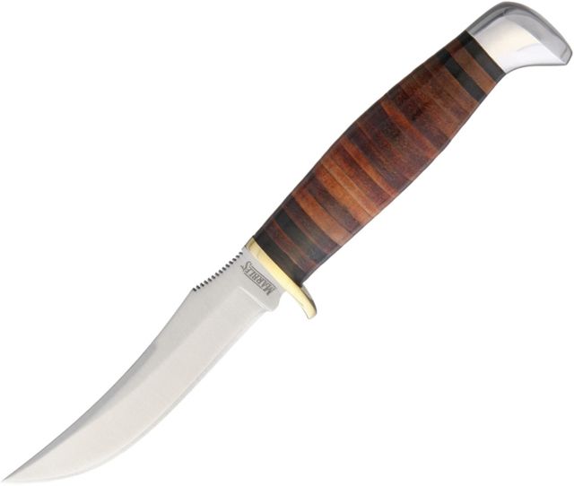 Marbles Small Hunter Fixed Blade Knife 3in Stainless Steel Standard Edge Satin Stacked Leather Handle
