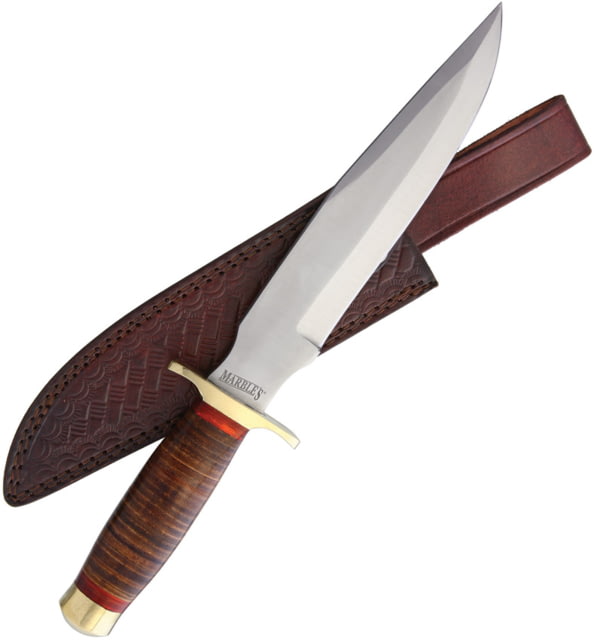 Marbles Stacked Leather Bowie Knife 9" satin finish stainless clip point blade Stacked leather handle MR577 HHH-SEP-1