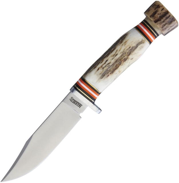 Marbles Stag Skinner SS Knife 8.75in Overall 4.25in Satin SS Clip Point Blade Stag Bone Handle SS Guard Brown Leather Sheath MR458 / EG-739
