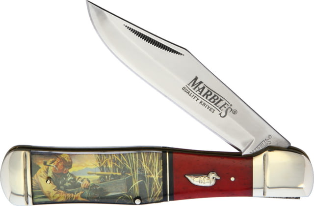 Marbles Wood Duck Decoy Folder Folding Knife 4.13" mirror finish stainless clip point blade Red smooth bone handle with wood duck decoy artwor MR584
