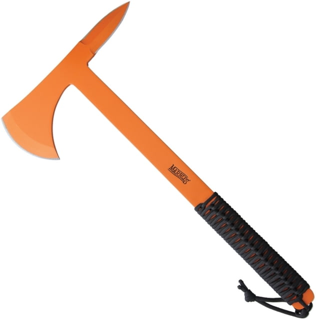 Marbles X-1 Tactical Tomahawk 15in Overall 3.38in Cutting Edge 8in Axe Head Spear Point Spike End Orange Finish SS Construction With Black Cord