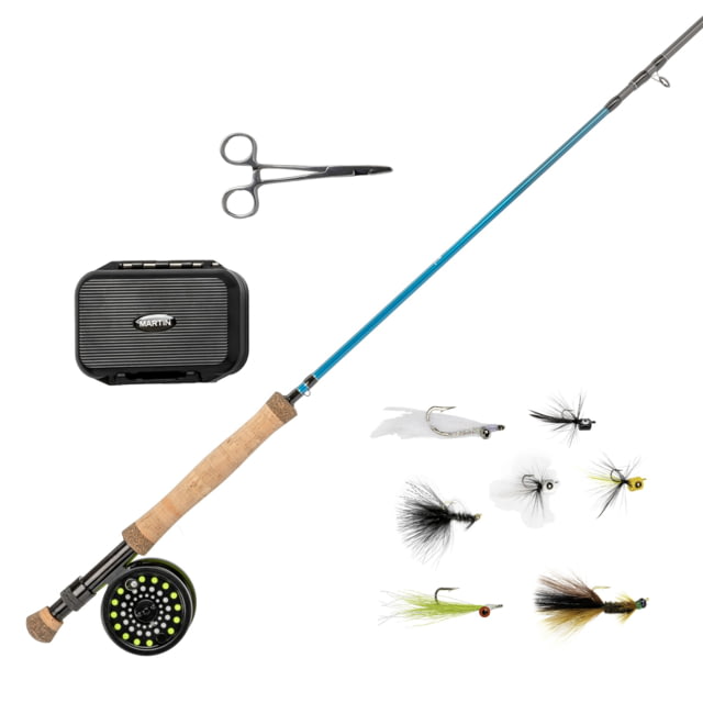 Martin Blue Chip 56R Streamer/Popper Fly Reel and Rod Combo Kit 9ft 4in 5-Weight 4-PC Rod Aluminum Reel Weight-Forward Line Fly Assort Semi-Rigid