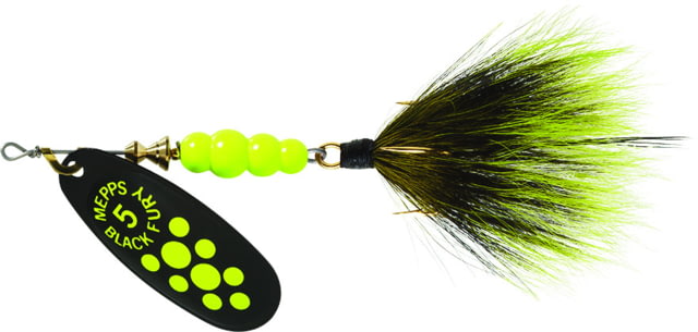 Mepps Black Fury In-Line Spinner 1/2 oz Dressed Treble Hook Chartreuse Dot Blade with Gray & Chartreuse Tail BF5T CH