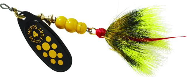 Mepps Black Fury In-Line Spinner 1/3 oz Dressed Treble Hook Yellow Dot Blade with Gray & Yellow Tail BF4T