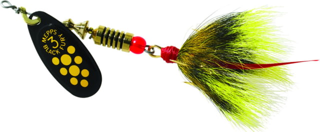 Mepps Black Fury In-Line Spinner 1/4 oz Dressed Treble Hook Yellow Dot Blade with Gray & Yellow Tail BF3T