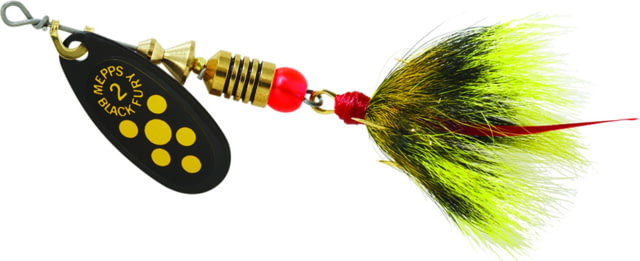 Mepps Black Fury In-Line Spinner 1/6 oz Dressed Treble Hook Yellow Dot Blade with Gray & Yellow Tail BF2T