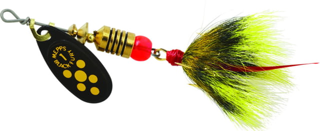 Mepps Black Fury In-Line Spinner 1/8 oz Dressed Treble Hook Yellow Dot Blade with Gray & Yellow Tail BF1T