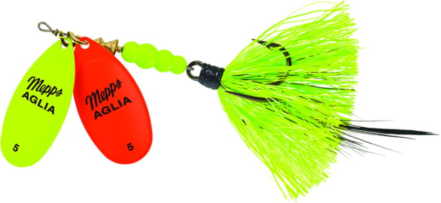 Mepps Double Blade Aglia In-Line Spinner 11/16 oz Dressed Treble Hot Chartreuse/Hot Orange Blades/Chartreuse Tail
