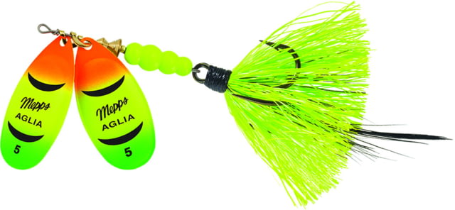 Mepps Double Blade Aglia In-Line Spinner 11/16 oz Dressed Treble Hot Firetiger/Hot Firetiger Blades/Chartreuse Tail