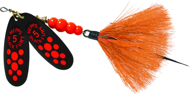 Mepps Double Blade Black Fury In-Line Spinner 1/2 oz Dressed Treble Fluorescent Dot & Orange Tail BFD5T FL2-O