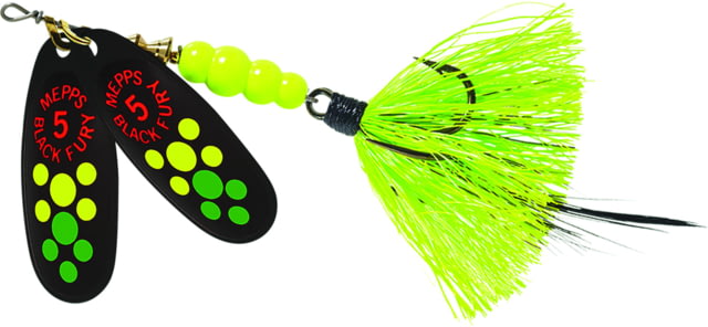 Mepps Double Blade Black Fury In-Line Spinner 1/2 oz Dressed Treble Hot Firetiger Dot & Chartreuse Tail BFD5T HFT2-CH