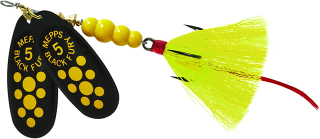 Mepps Double Blade Black Fury In-Line Spinner 1/2 oz Dressed Treble Yellow Dot & Tail BFD5T Y2-Y