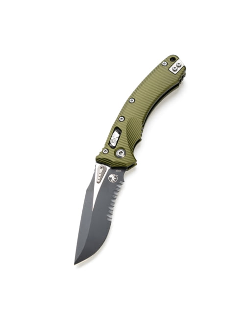 Microtech Amphibian S/E Fluted Apocalyptic Partial Serrated 3.875in Folding Knife Manual Folder OD Green