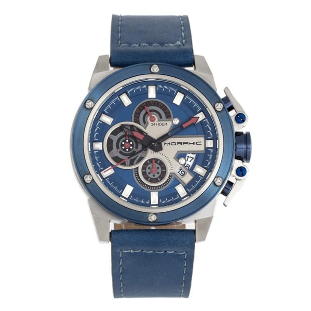 Morphic M81 Series Chronograph Leather-Band Watch w/Date Blue/Silver - Men's