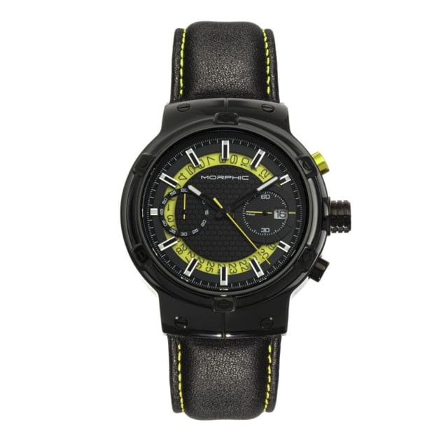 Morphic M91 Series Chronograph Leather-Band Watch w/Date Black/Yellow - Men's