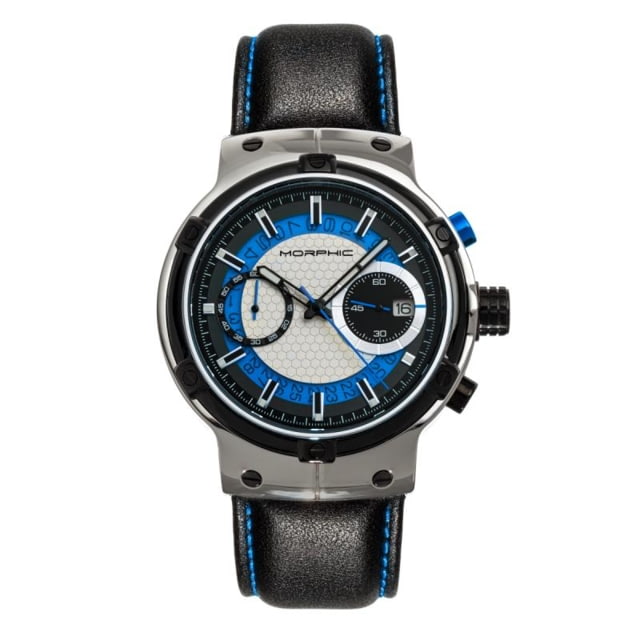Morphic M91 Series Chronograph Leather-Band Watch w/Date Silver/Blue - Men's