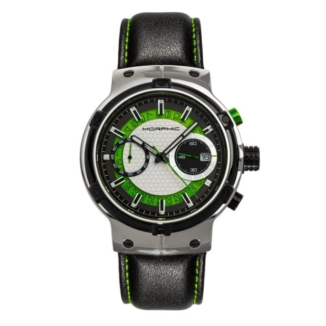 Morphic M91 Series Chronograph Leather-Band Watch w/Date Silver/Green - Men's