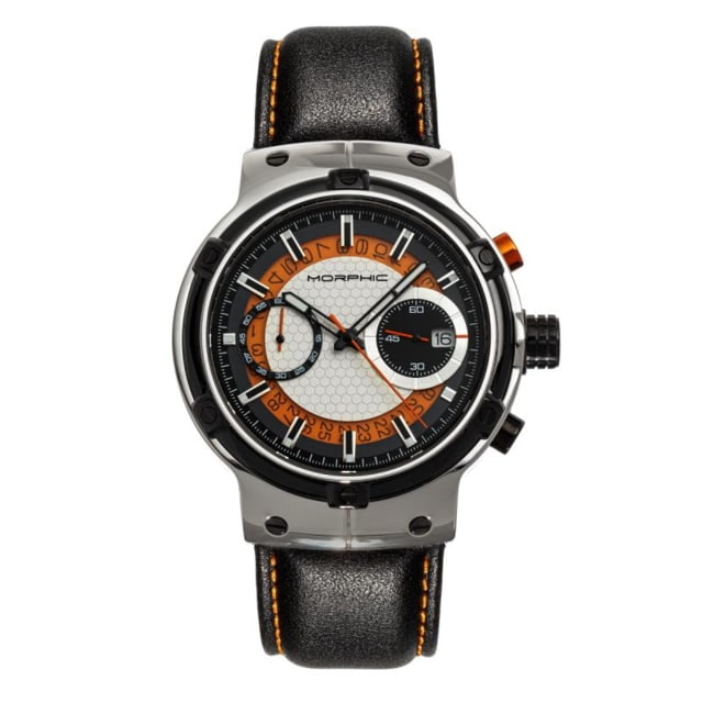 Morphic M91 Series Chronograph Leather-Band Watch w/Date Silver/Orange - Men's