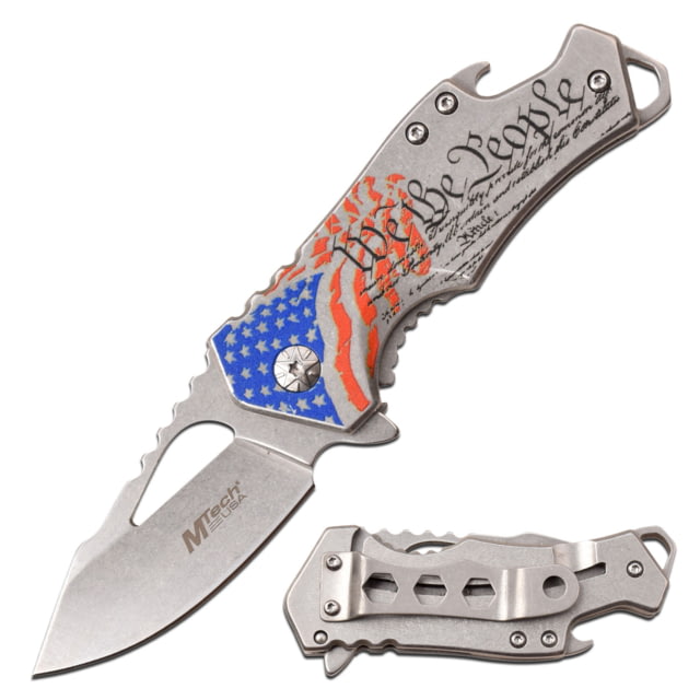 Mtech Drop Point Spring Assisted Knife w/Bottle Opener 2.25 in 3Cr13 Stainless Steel Stainless Steel Stainless/Flag