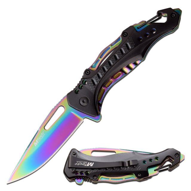 Mtech Drop Point Spring Assisted Knife w/Bottle Opener 3.5 in 3Cr13 Stainless Steel Stainless Steel Rainbow
