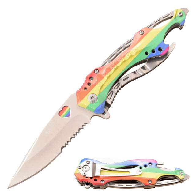 Mtech Drop Point Spring Assisted Knife w/Bottle Opener 3.5 in 3Cr13 Stainless Steel Stainless Steel Serrated Rainbow