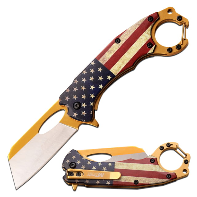 Mtech Linerlock Spring Assisted Knife 2.5 in 3Cr13 Stainless Steel Stainless Steel Wharncliffe USA Flag