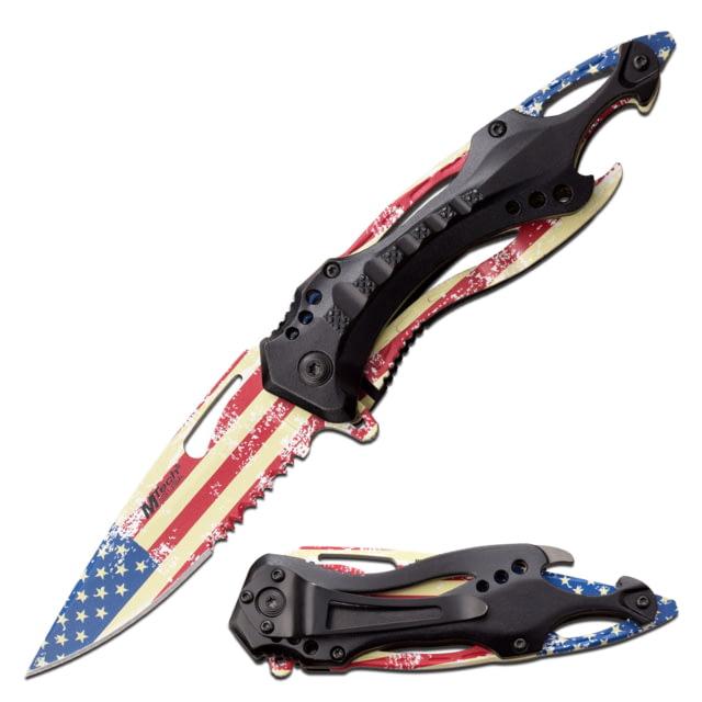 Mtech Patriotic Assisted Knife w/Bottle Opener 3.5 in 3Cr13 Stainless Steel Stainless Steel Drop Point USA Flag