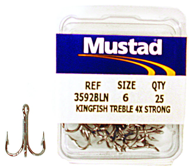 Mustad Kingfish Treble Hook 4X Strong Ringed Eye Black Nickel Size 6 25 per Pack