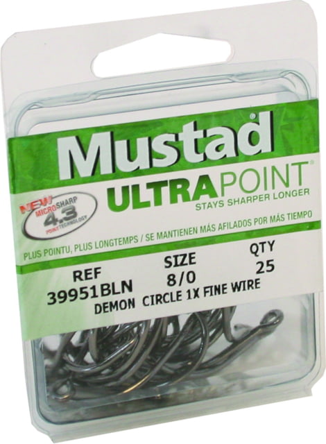 Mustad UltraPoint Demon Tuna Perfect Circle Hook Needle Point Wide Gap Light Wire Ringed Eye Black Nickel Size 8/0 25 per Pack