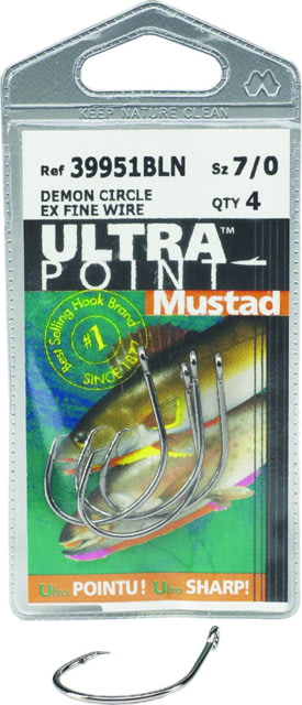 Mustad UltraPoint Demon Tuna Perfect Circle Hook Needle Point Wide Gap Light Wire Ringed Eye Black Nickel Size 9/0 4 per Pack