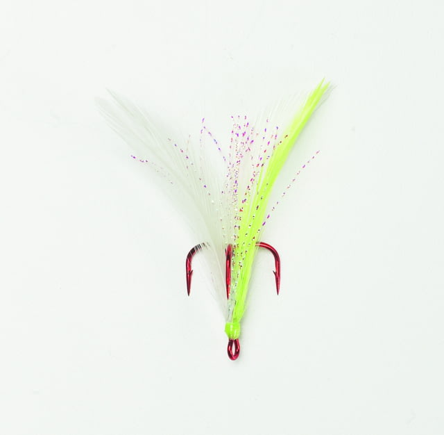 Mustad Ultrapoint Dressed Treble Hook Needle Point Short Shank Ringed Eye Red White/Chartreuse Feather Size 4 2 per Pack