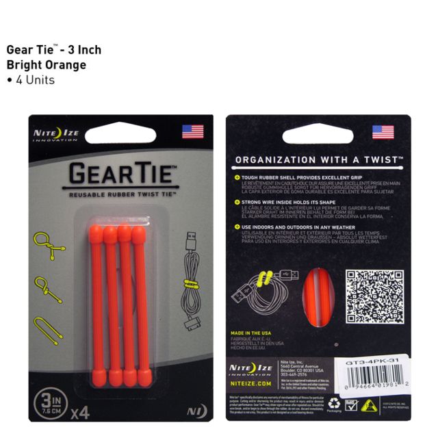Nite Ize Gear Bendable Tie 3in - Bright Orange 4 Pack