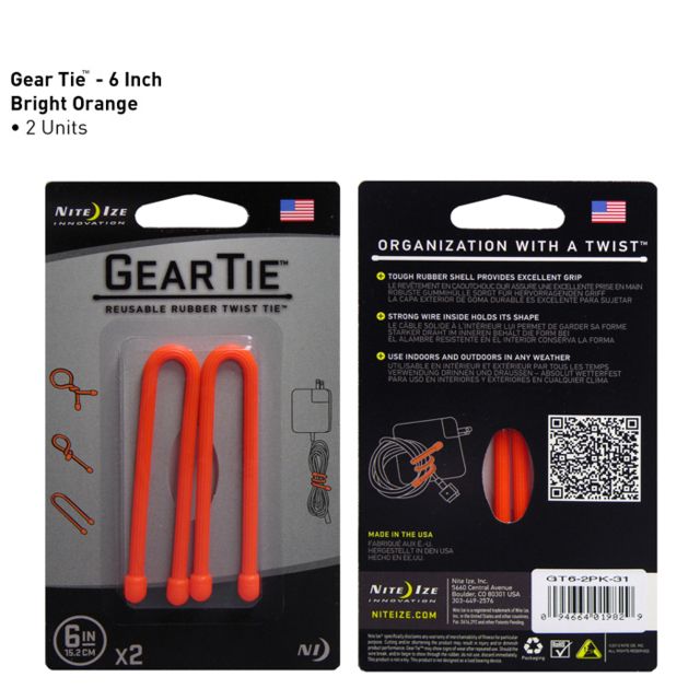 Nite Ize Gear Bendable Tie 6in - Bright Orange 2 Pack