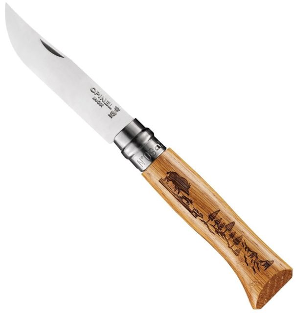Opinel Animalia Boar Folding Knife No.8 3.35in w/ Virobloc 12C27 Sandvik SS Oak Handle Wood