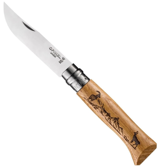 Opinel Animalia Mountain Goat Folding Knife No.8 3.35in w/ Virobloc 12C27 Sandvik SS Oak Handle Wood